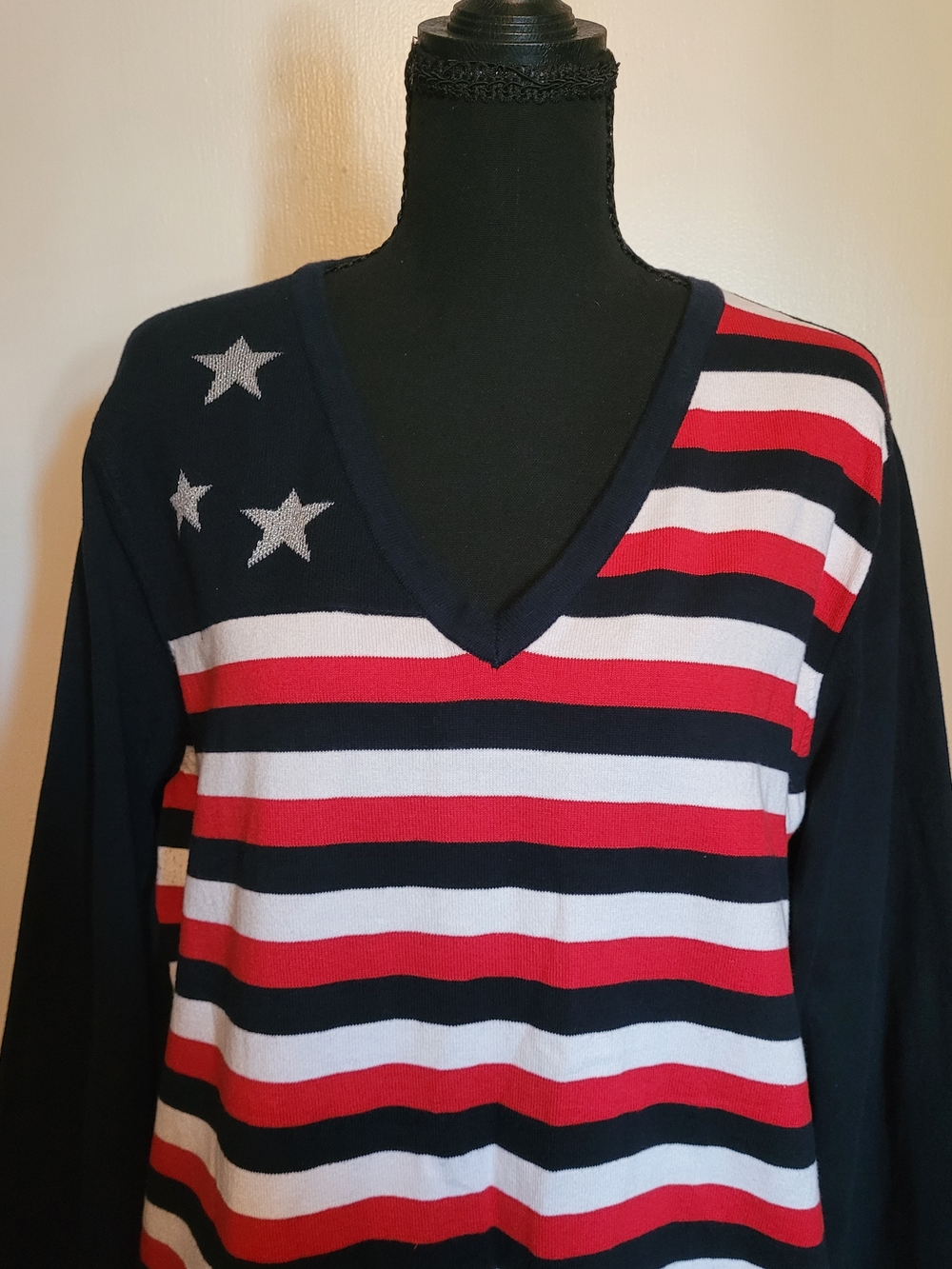 Tommy Hilfiger Red, White & Navy Striped V-Neck Sweater with Silver Star Accents